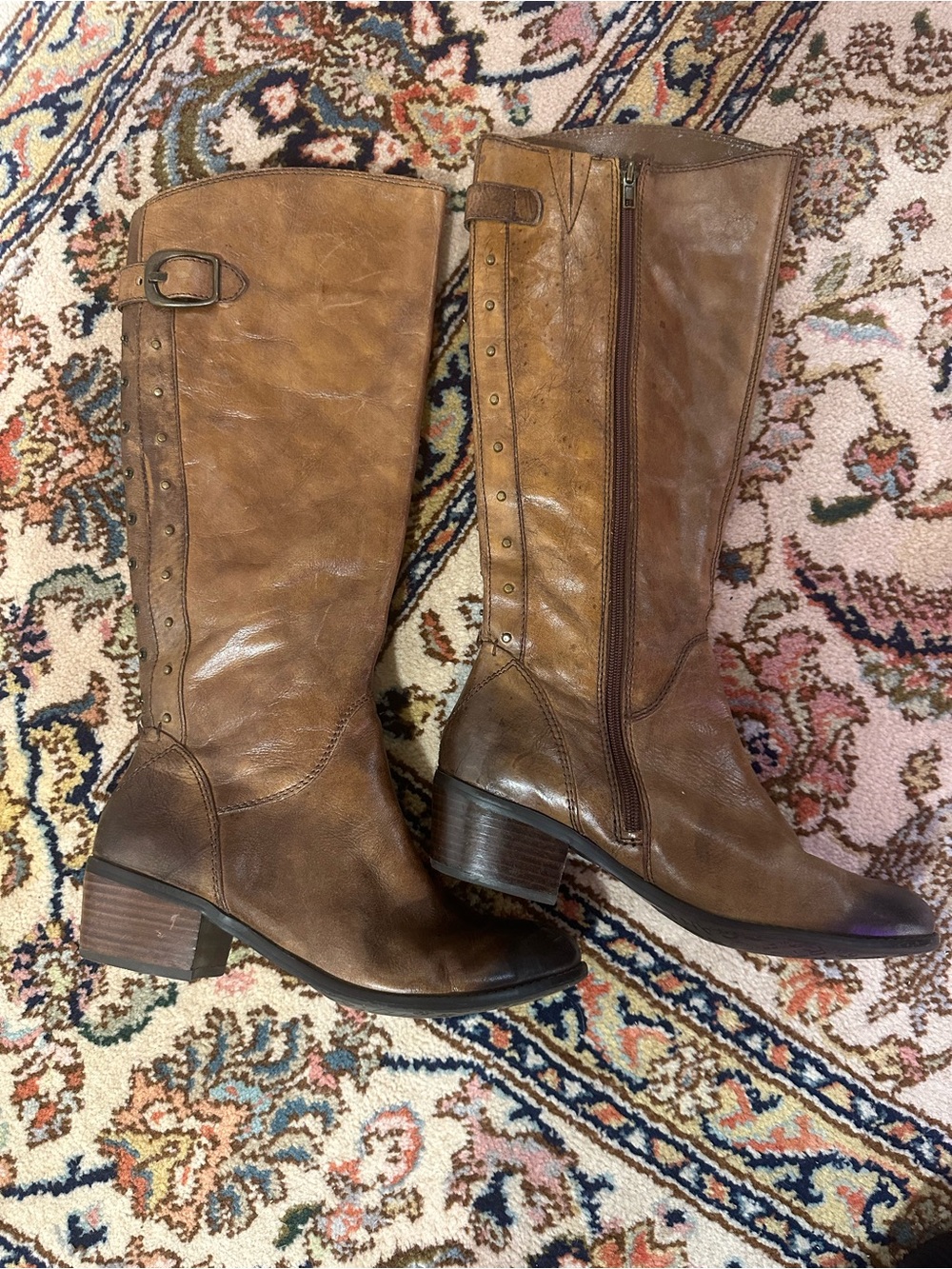 Arturo Chiang Leather Riding Boots 9.5 Cognac Studded Knee High